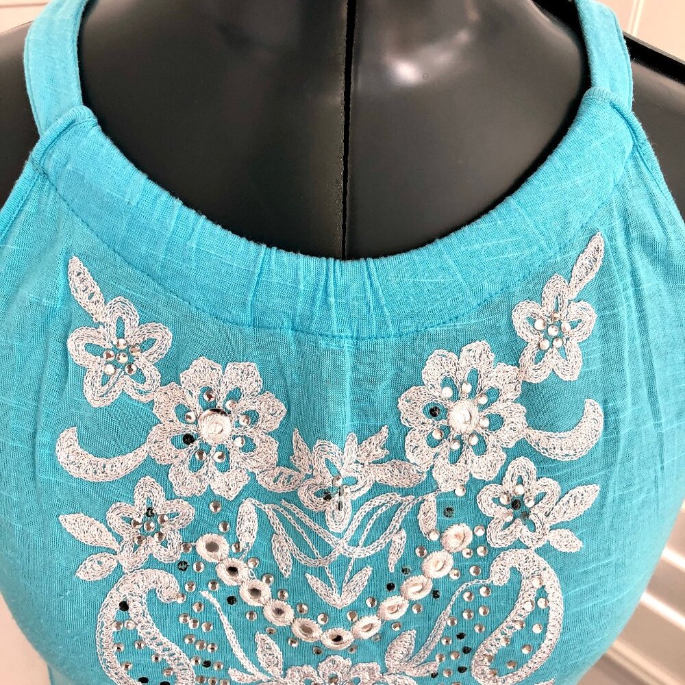 INC International Concepts Embroidered Sleeveless Turquoise Top, Small - Picture 3 of 9